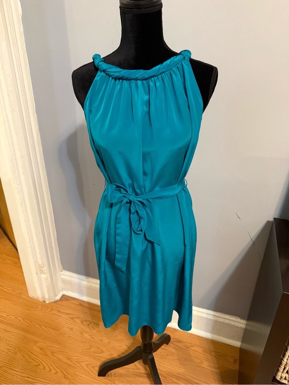 Banana Republic Teal One-Shoulder Satin Dress with Braided Neckline